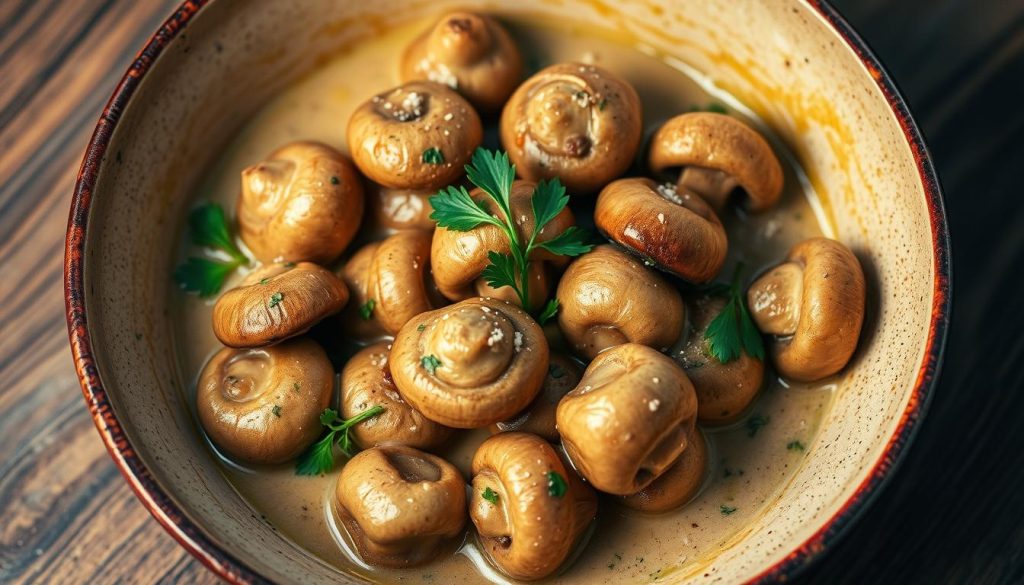 Champignons de Paris dans un plat mijoté